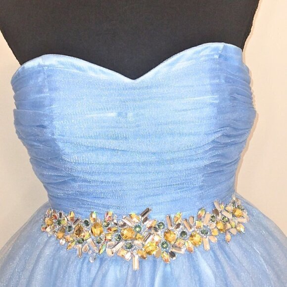CAMILLE LA VIE BLUE ORGANZA HOMECOMING PARTY DRESS W/ CRYSTAL EMBELLISHED WAIST - Picture 3 of 7